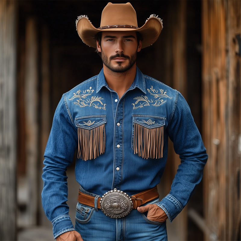 Chemise en jean western vintage bleu foncé à pompons brodés pour homme 