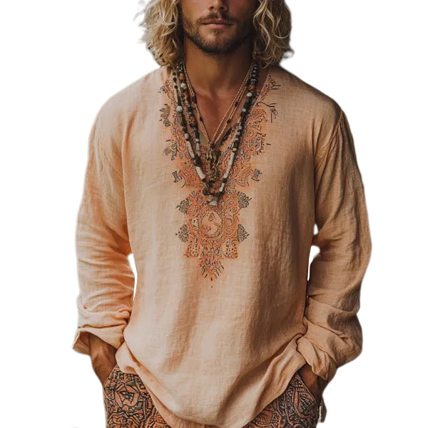 Herren-Oberteil im Bohemian-Urlaubsstil, Vintage-Stil, bedrucktes Leinen, lässig, langärmelig 