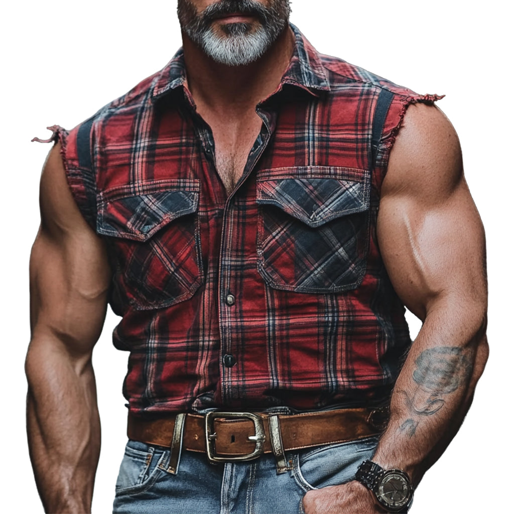 Men's fashionable casual checkered printed vest shirt