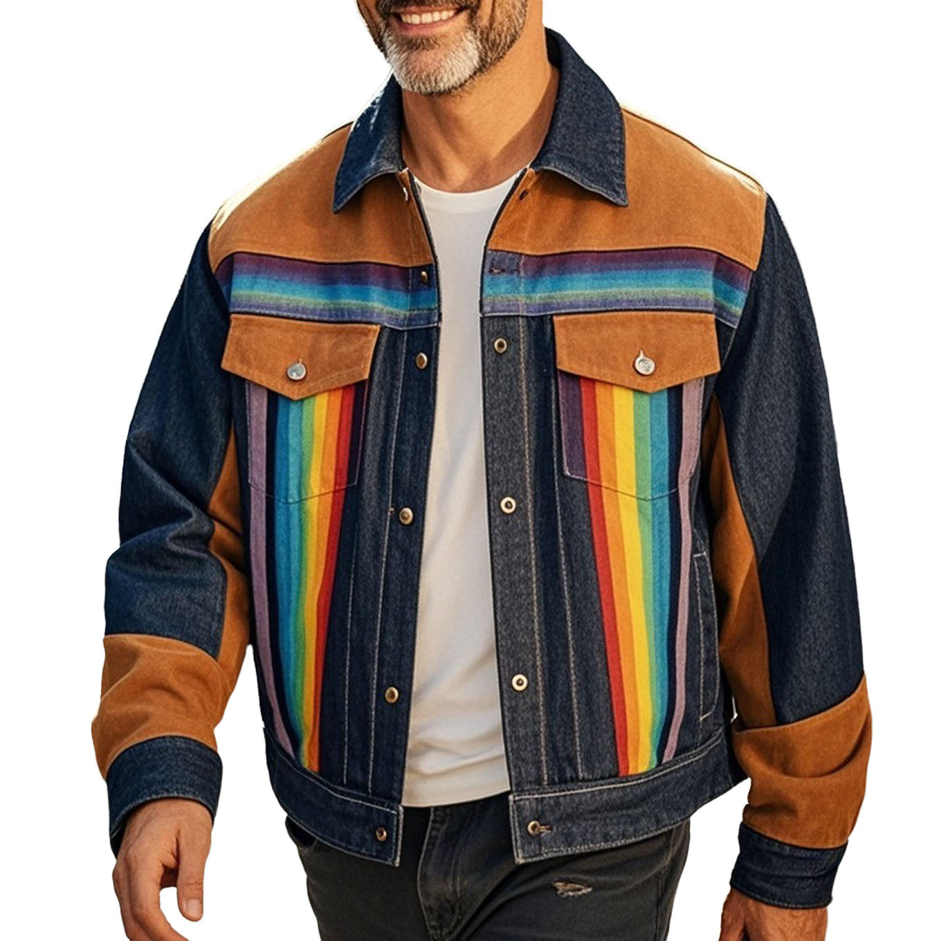 Veste en jean décontractée à manches longues pour homme, couleur arc-en-ciel rayée, à la mode