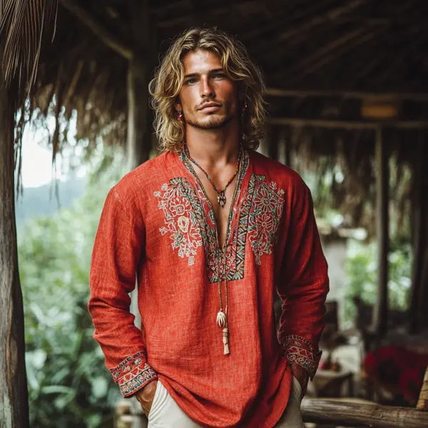 Herren-Oberteil im Bohemian-Urlaubsstil, Vintage-Stil, bedrucktes Leinen, lässig, langärmelig 