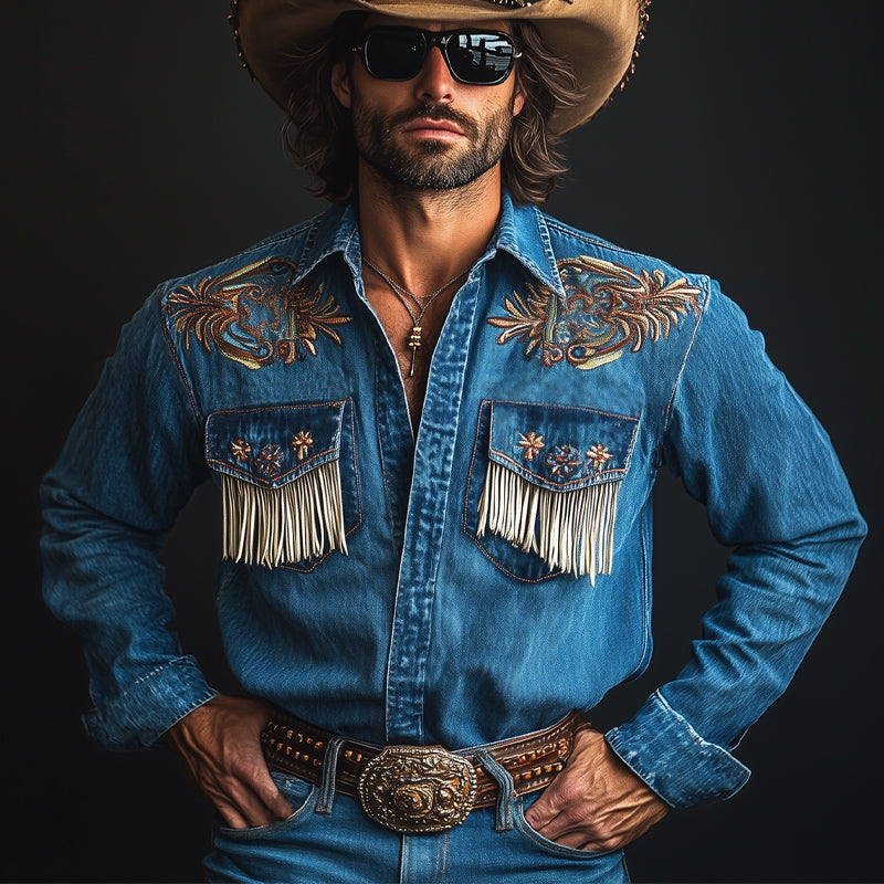 Chemise en jean western vintage bleu foncé à pompons brodés pour homme 