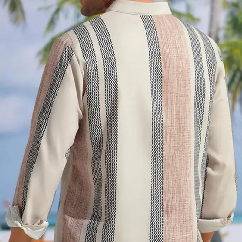 Men's V-neck Striped Print Loose Lapel Cotton Linen Shirt