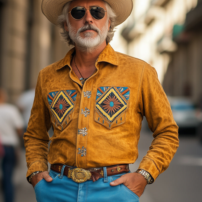 Chemise décontractée à manches longues en daim brodé vintage pour homme