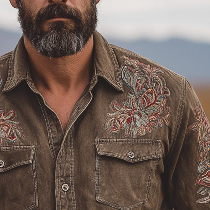 Men's Vintage Embroidered Long Sleeve Denim Shirt