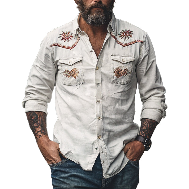 Men's Vintage Cotton Embroidered Long Sleeve Shirt