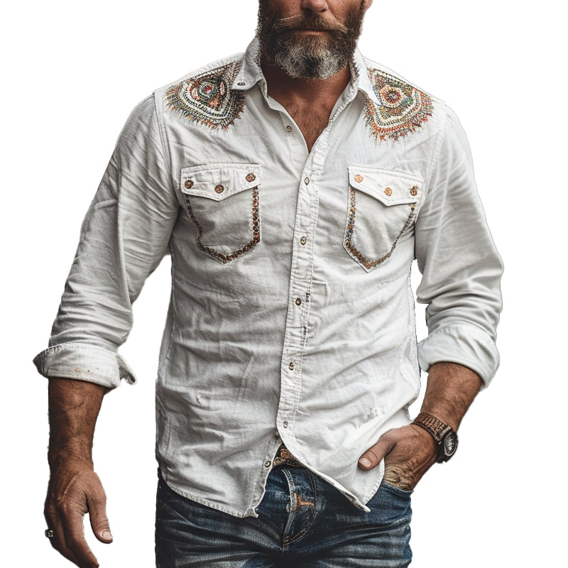 Men's casual embroidered long sleeve shirt