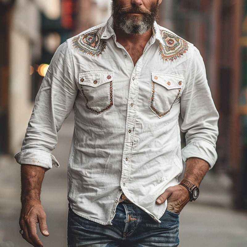 Men's casual embroidered long sleeve shirt