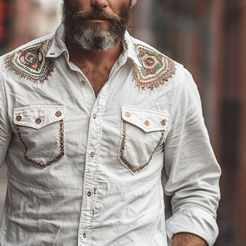 Men's casual embroidered long sleeve shirt