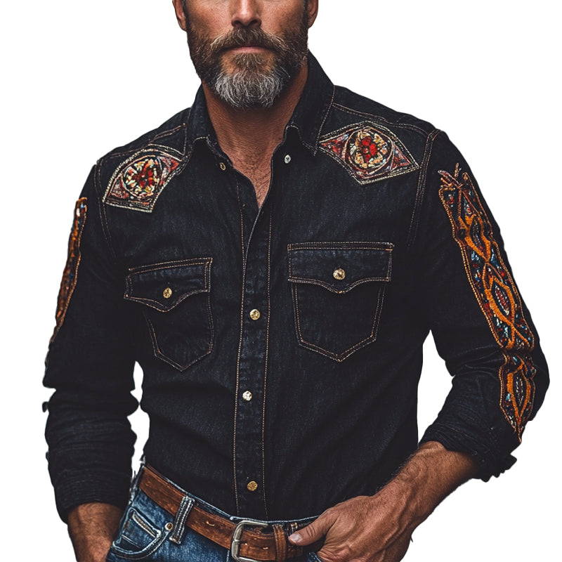 Chemise en jean à manches longues et revers brodés vintage pour homme