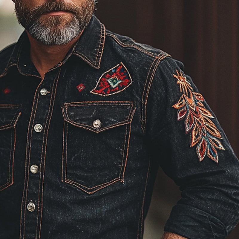 Men's Vintage Embroidered Long Sleeve Denim Shirt