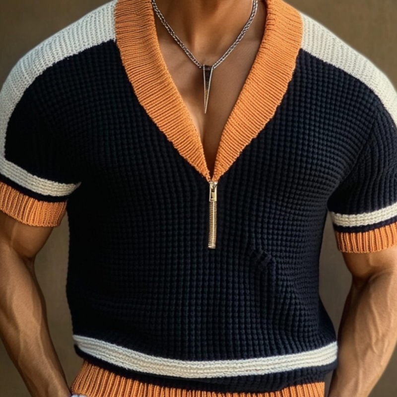 Men's Casual Contrast Color Zip V-Neck Loose Knitted Short Sleeve Sweater T-Shirt