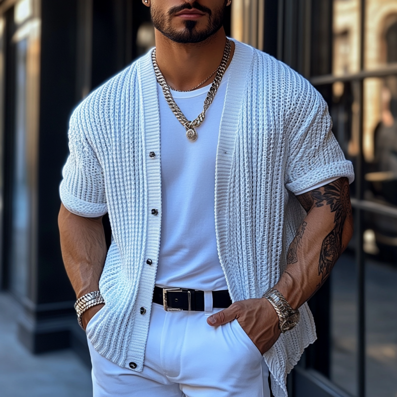 Men's Casual Solid Color Single Breasted Loose Knitted Short Sleeve Cardigan ASW1798C4M