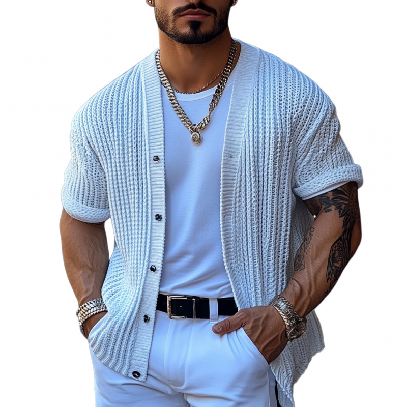 Men's Casual Solid Color Single Breasted Loose Knitted Short Sleeve Cardigan ASW1798C4M
