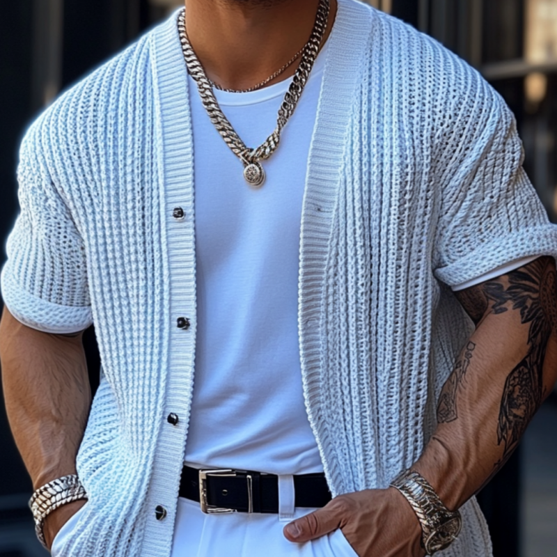 Men's Casual Solid Color Single Breasted Loose Knitted Short Sleeve Cardigan ASW1798C4M