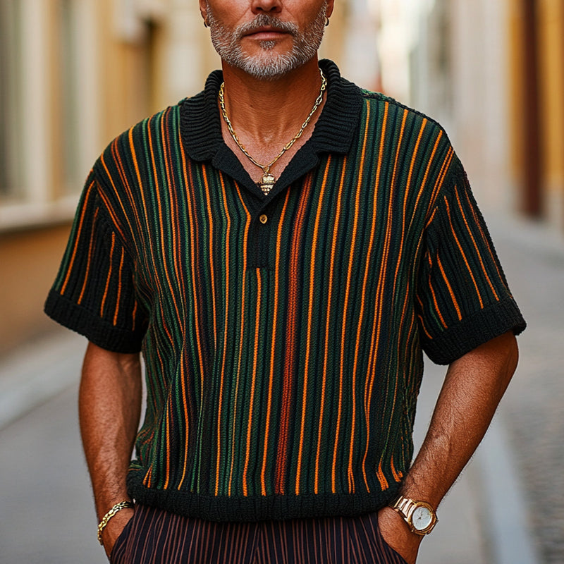 Men's Retro Colorblock Vertical Stripe Knitted T-Shirt ASW1751C0U