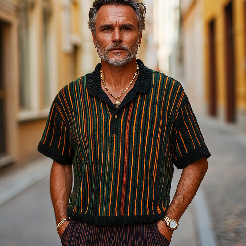 Men's Retro Colorblock Vertical Stripe Knitted T-Shirt ASW1751C0U