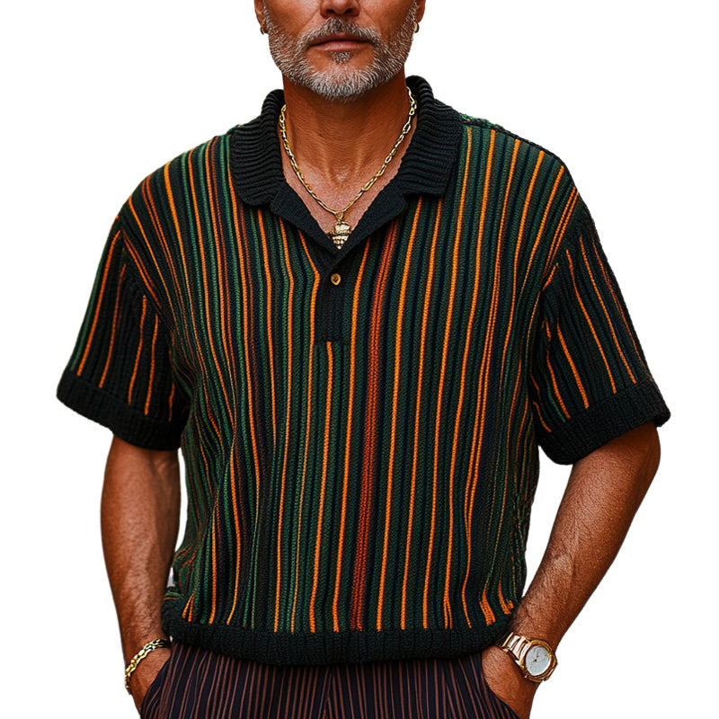 Men's Retro Colorblock Vertical Stripe Knitted T-Shirt ASW1751C0U