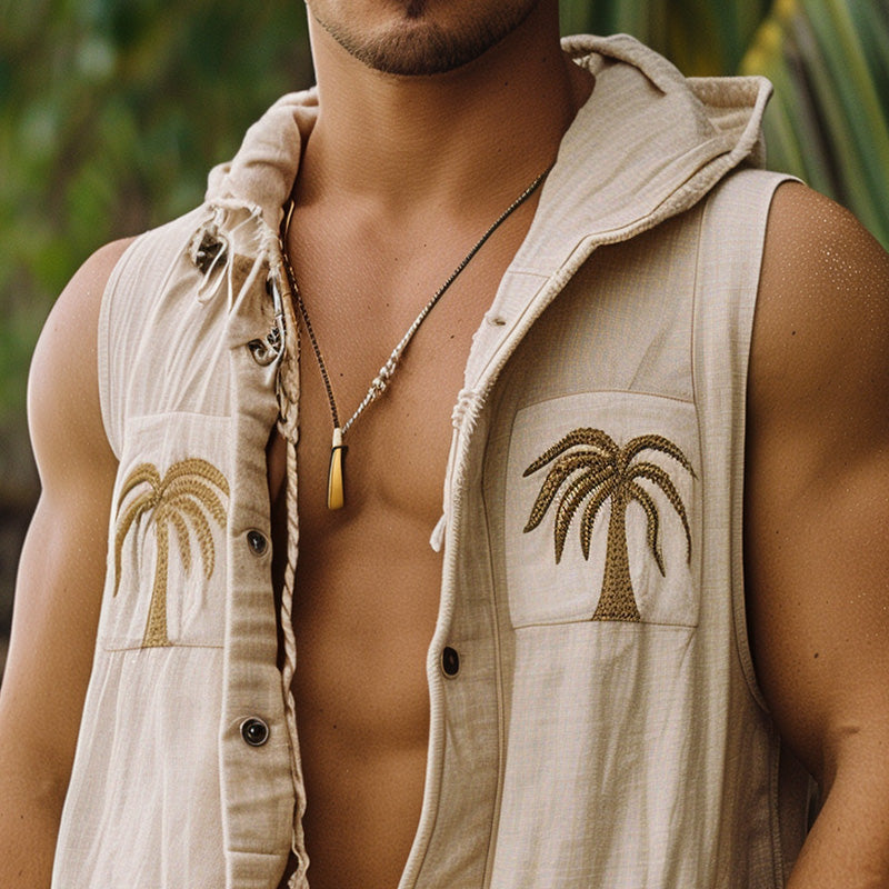 Men's Palm Leaf Embroidered Raw Edge Hooded Vest