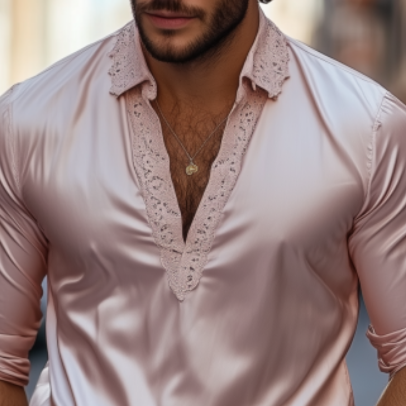 Men's Fashion Casual Slim Fit Lace and Satin Splicing Deep V Neck Long Sleeve Shirt