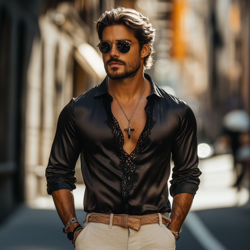Men's Casual Slim Fit Sexy Lace and Satin Stitching Deep V Neck Long Sleeve Shirt