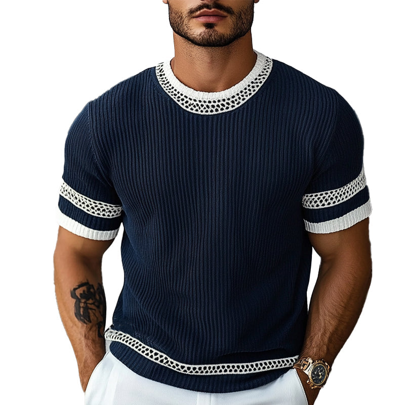 Men's Contrast Web Round Neck Knitted Short Sleeve T-Shirt ASW1895C3X