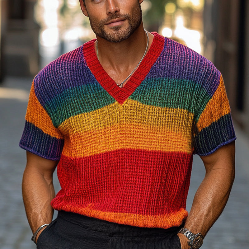 T-shirt à manches courtes en tricot à rayures arc-en-ciel pour homme ASW1765C4X 