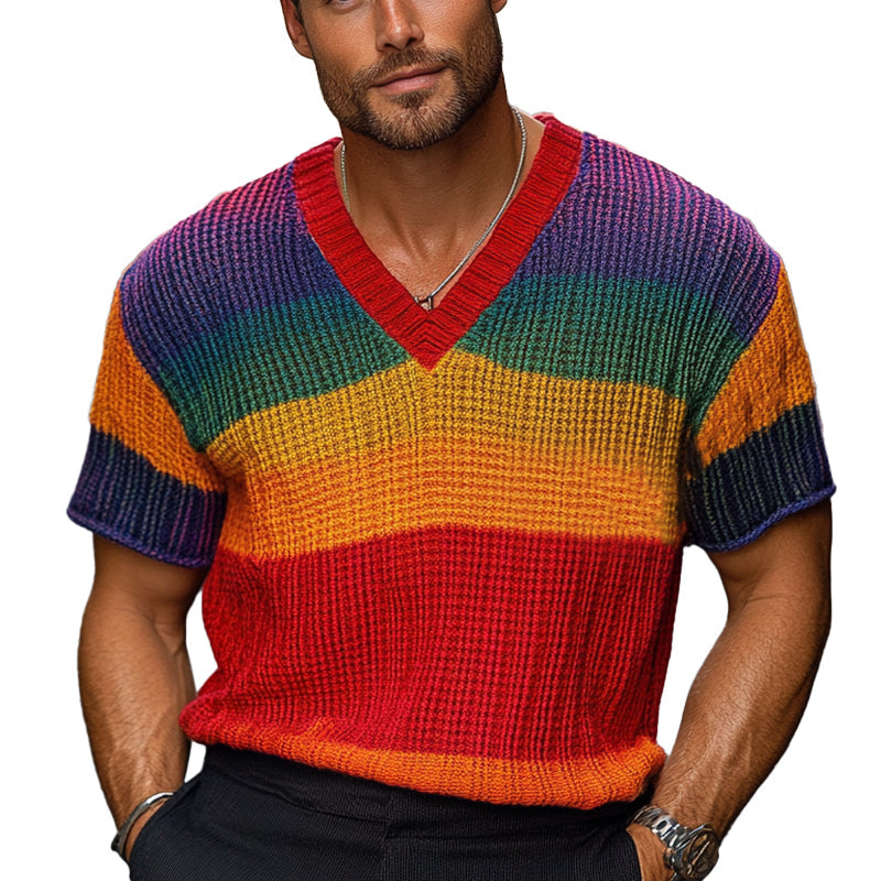 Men's Rainbow Stripe Knitted Short Sleeve Sweater  T-Shirt ASW1765C4X