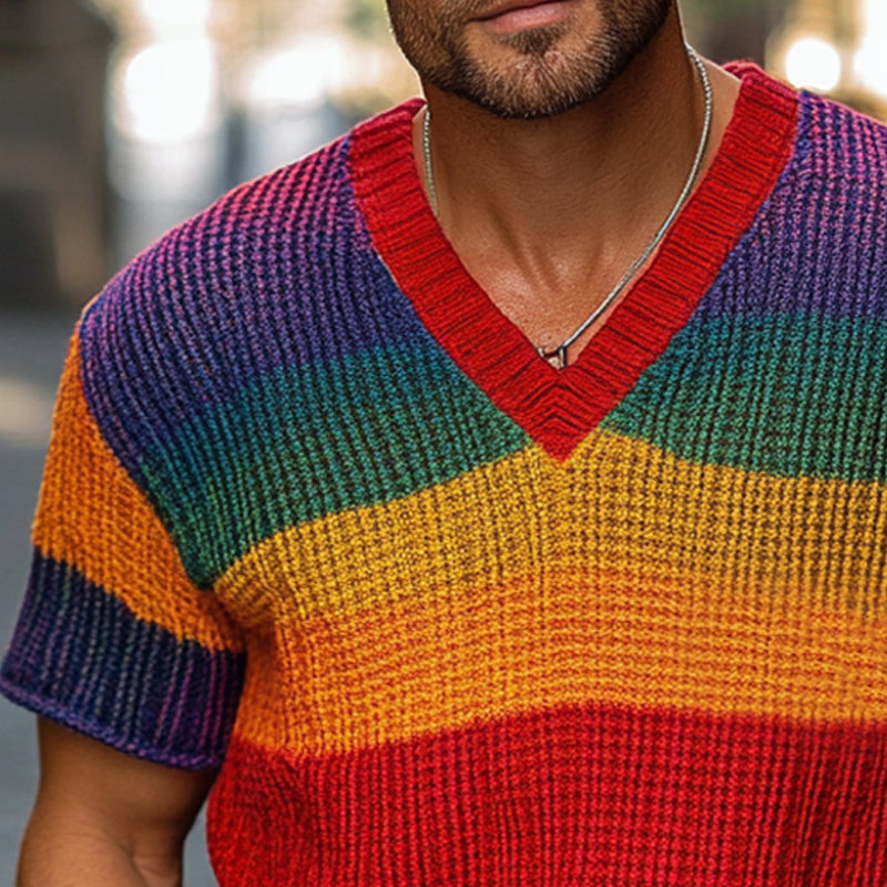 T-shirt à manches courtes en tricot à rayures arc-en-ciel pour homme ASW1765C4X 
