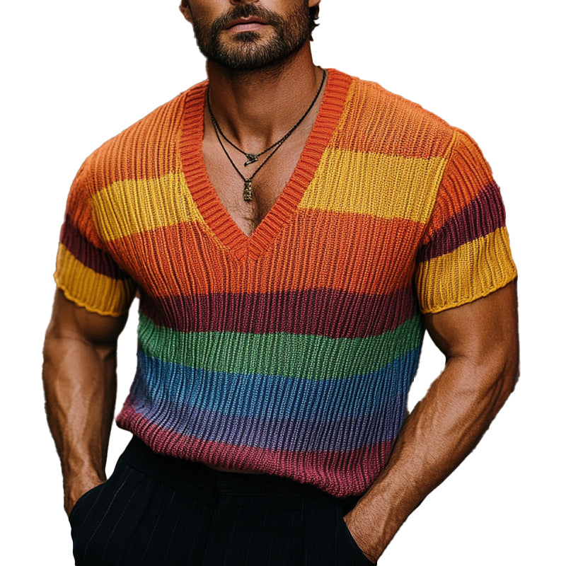 T-shirt col V à manches courtes et motif arc-en-ciel pour homme ASW1773C8X