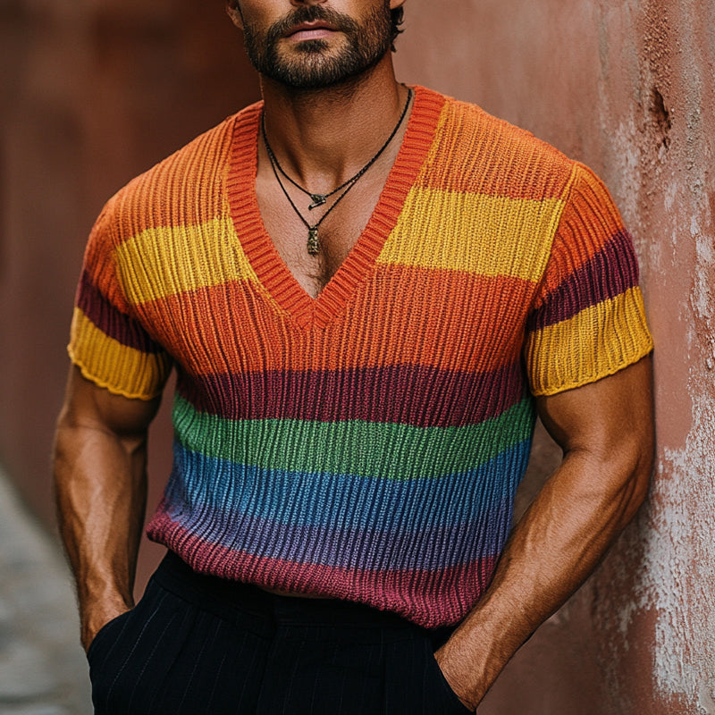 T-shirt col V à manches courtes et motif arc-en-ciel pour homme ASW1773C8X