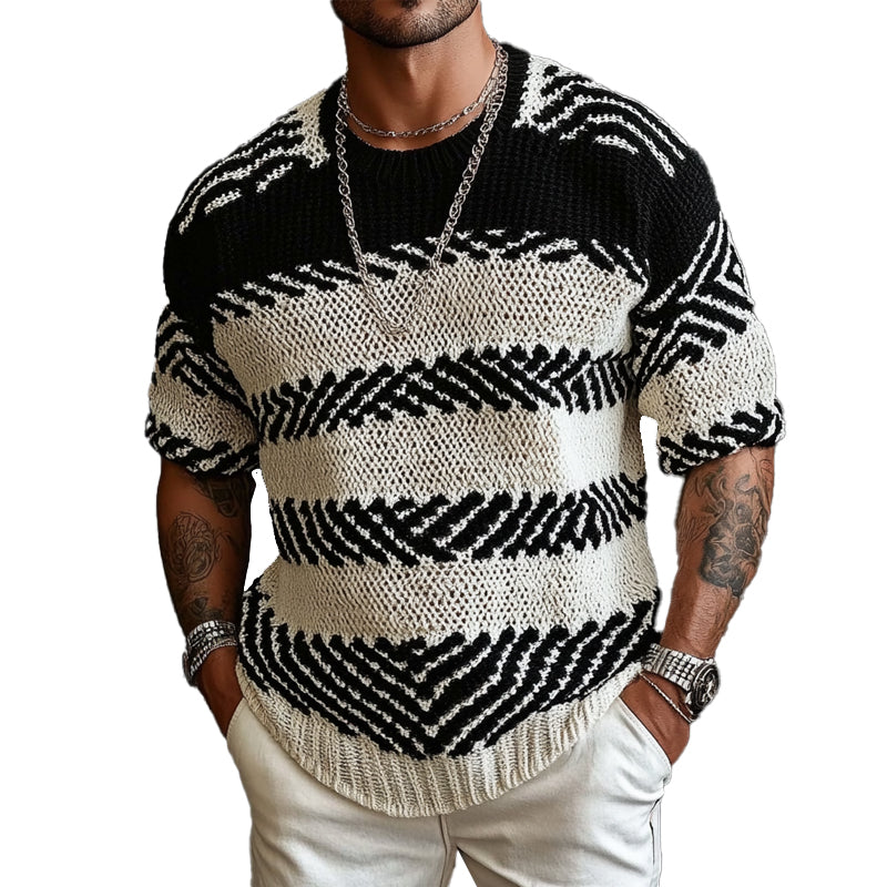 Men's Contrast Knitted Round Neck Half Sleeve Sweater  T-Shirt ASW1740C9X