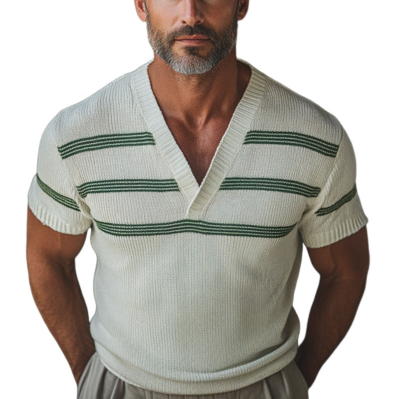 Men's Retro V-neck Knitted Short Sleeve T-shirt ASW1988C1U