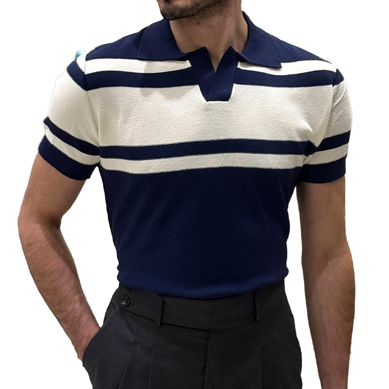 Men's Knitted Lapel Striped Short Sleeve POLO Shirt ASW1928C4X
