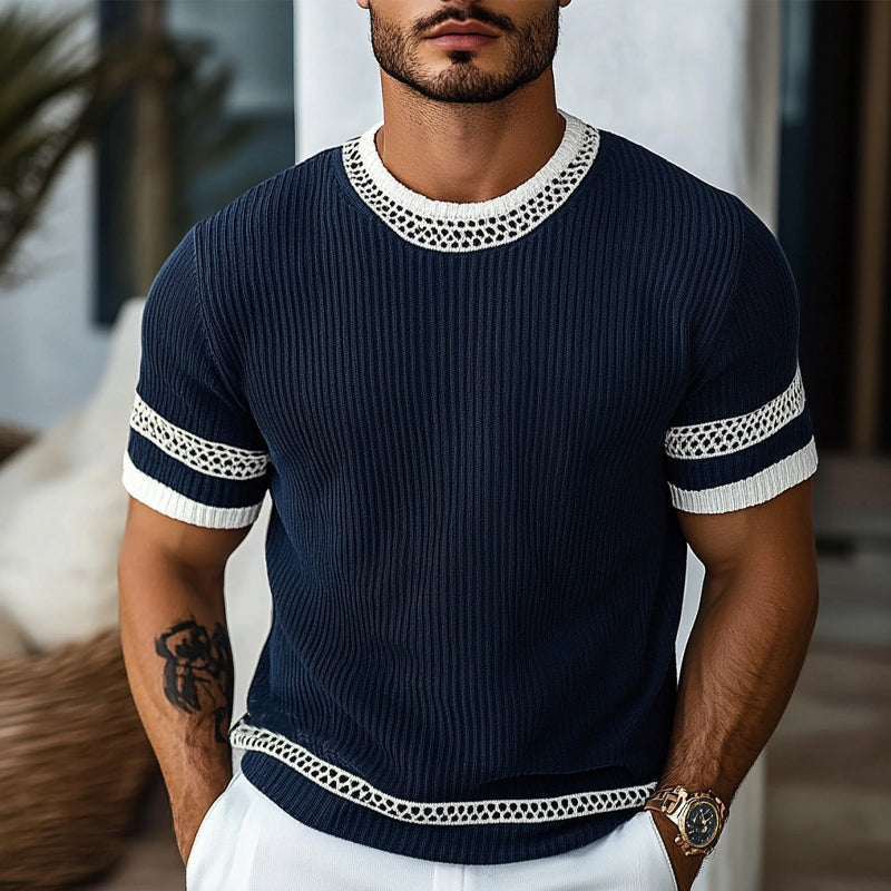 Men's Contrast Web Round Neck Knitted Short Sleeve T-Shirt ASW1895C3X