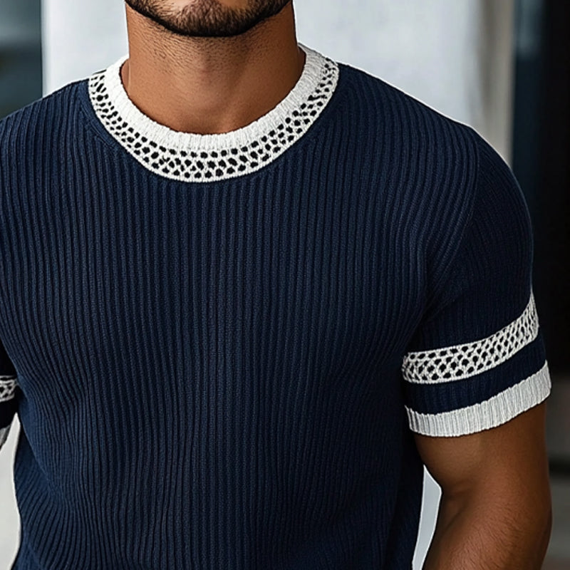 Men's Contrast Web Round Neck Knitted Short Sleeve T-Shirt ASW1895C3X