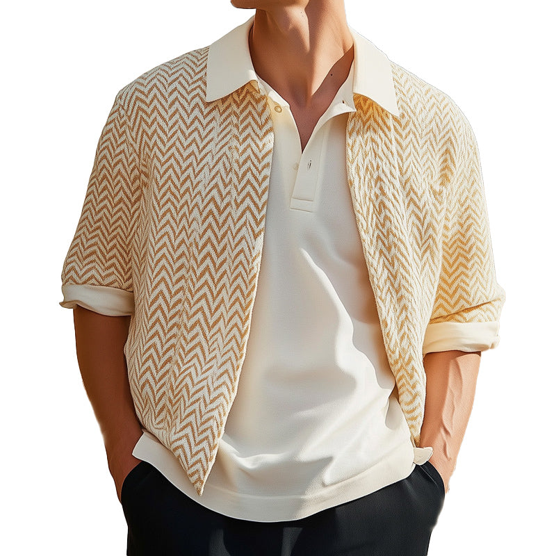 Men's Orange Spring and Autumn Lapel Casual Knitted Cardigan