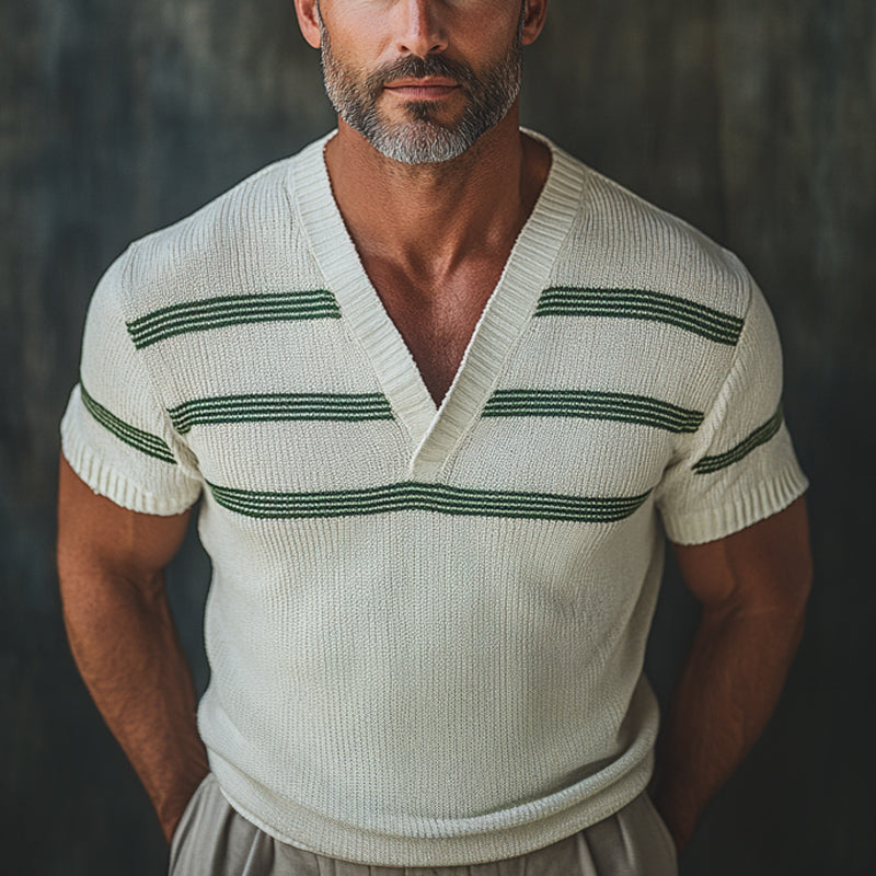 Men's Retro V-neck Knitted Short Sleeve T-shirt ASW1988C1U