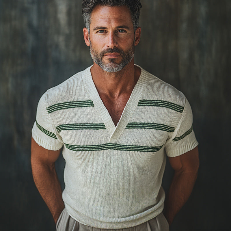 Herren Retro V-Ausschnitt Strick Kurzarm T-Shirt ASW1988C1U