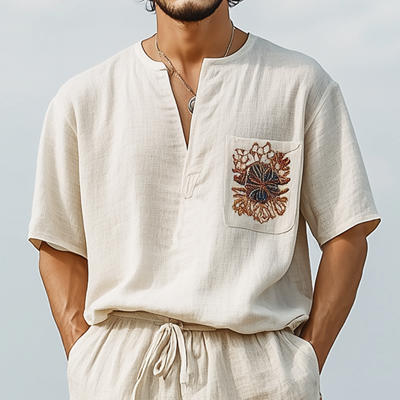 T-shirt décontracté à manches courtes et col en V pour homme, en coton et lin, brodé, printemps et été
