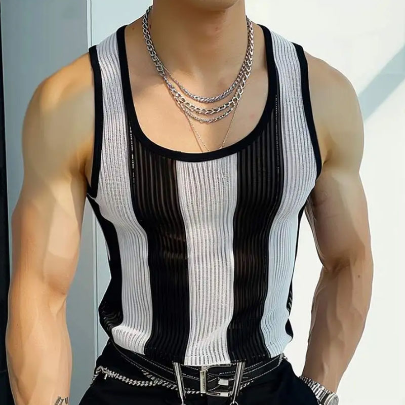 Men's Casual Contrast Striped U-Neck Slim Fit Knit Tank Top ASW1819C8M
