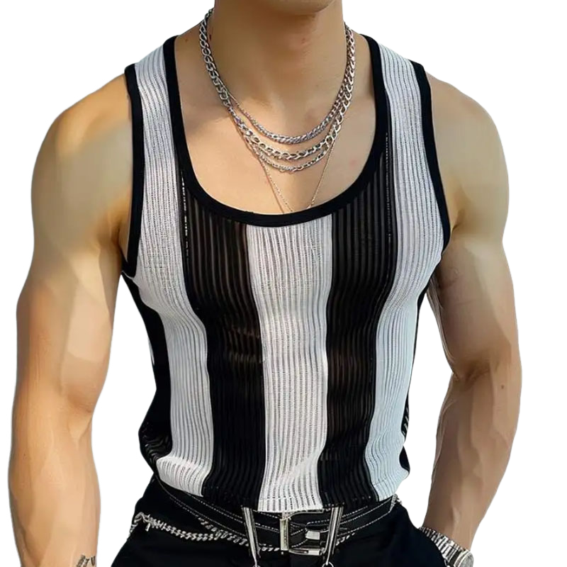 Men's Casual Contrast Striped U-Neck Slim Fit Knit Tank Top ASW1819C8M