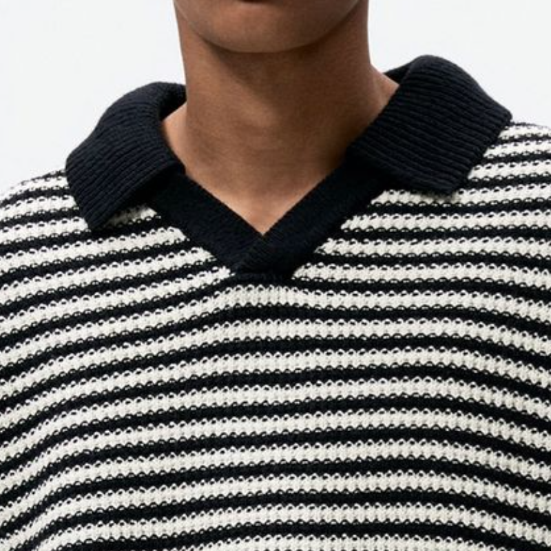 Men's Casual Contrast Color Striped Jacquard Lapel Loose Knitted Short Sleeve Sweater T-Shirt ASW1871C4M