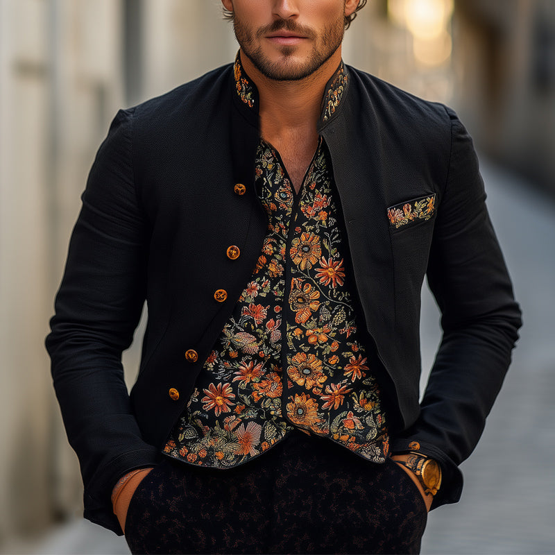 Men's Spring and Autumn Black Vintage Embroidered Stand Collar Jacket