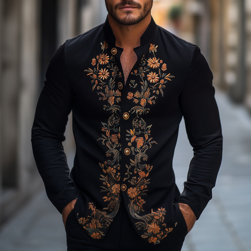 Men's Spring and Autumn Retro Embroidered Stand Collar Long Sleeve Shirt