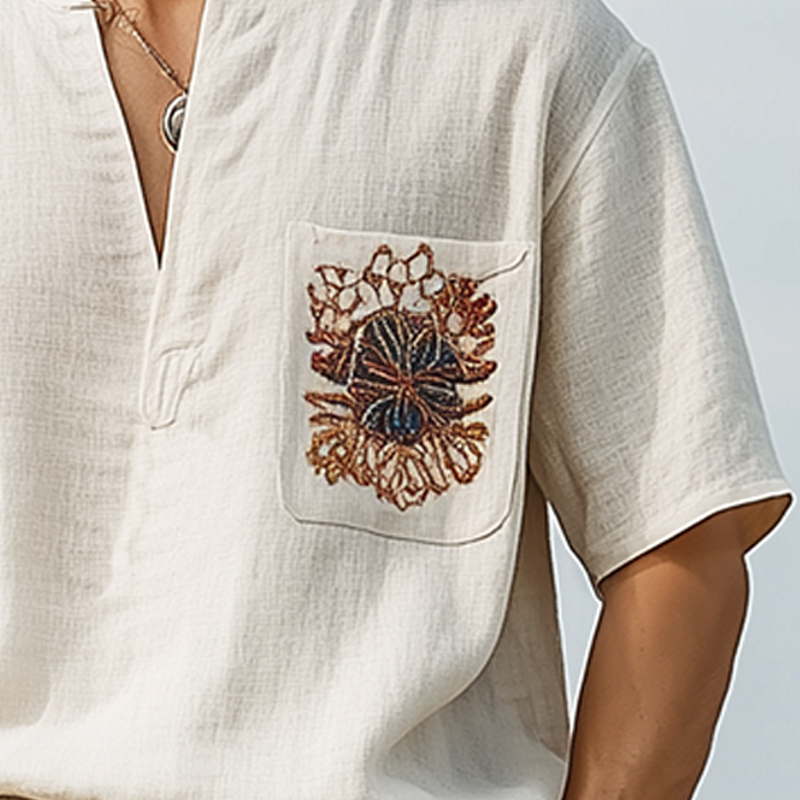 T-shirt décontracté à manches courtes et col en V pour homme, en coton et lin, brodé, printemps et été