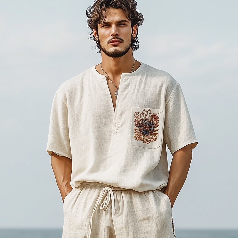 T-shirt décontracté à manches courtes et col en V pour homme, en coton et lin, brodé, printemps et été