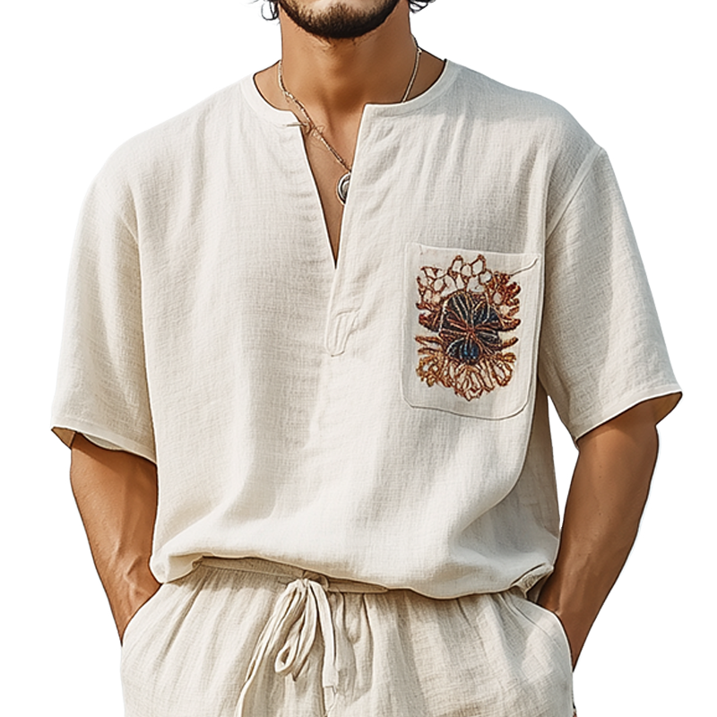 T-shirt décontracté à manches courtes et col en V pour homme, en coton et lin, brodé, printemps et été