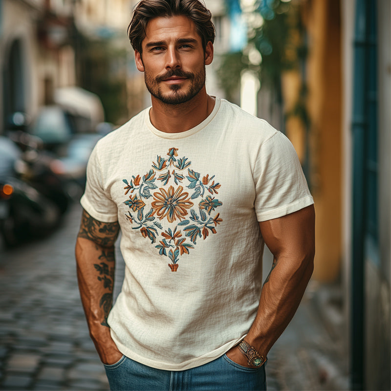 Men's Casual Skin-Friendly Cotton And Linen Embroidered T-Shirt