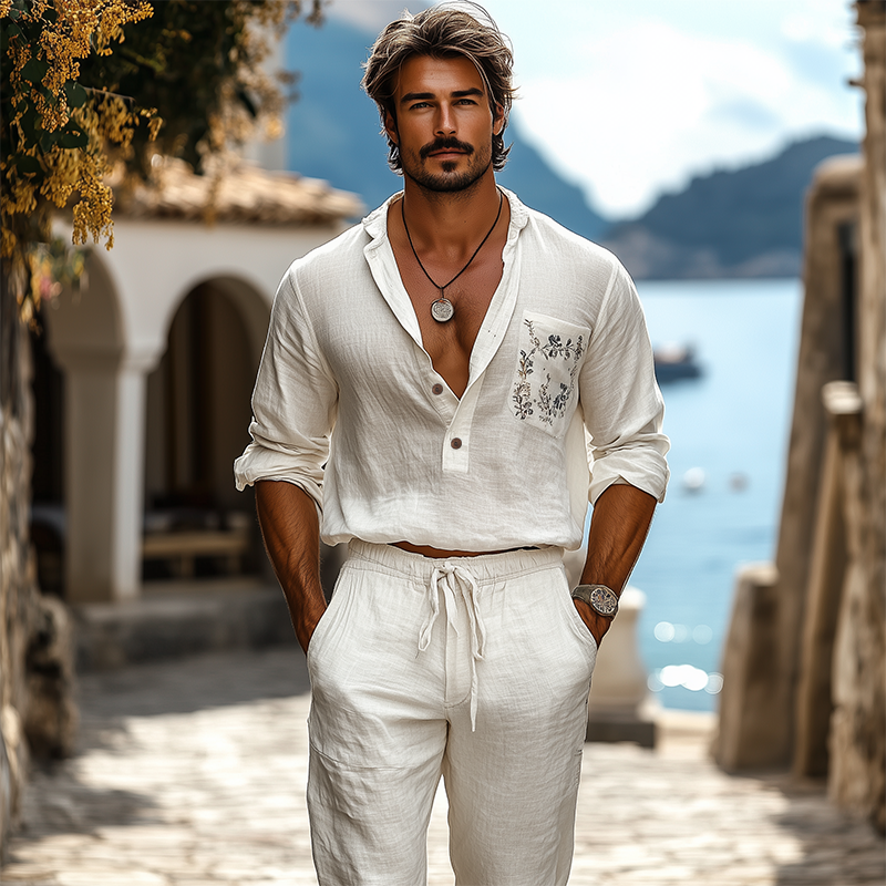 Chemise décontractée à manches longues et col en V profond pour homme, en coton et lin, brodée, printemps et été